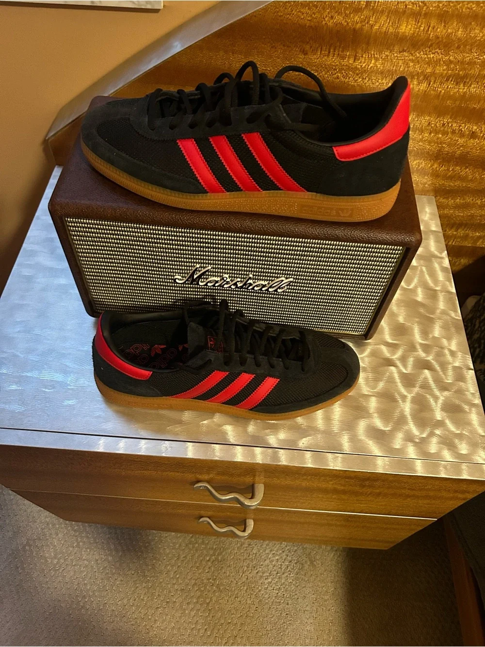 Adidas Speziale  in black with Red Stripes and Gum Sole